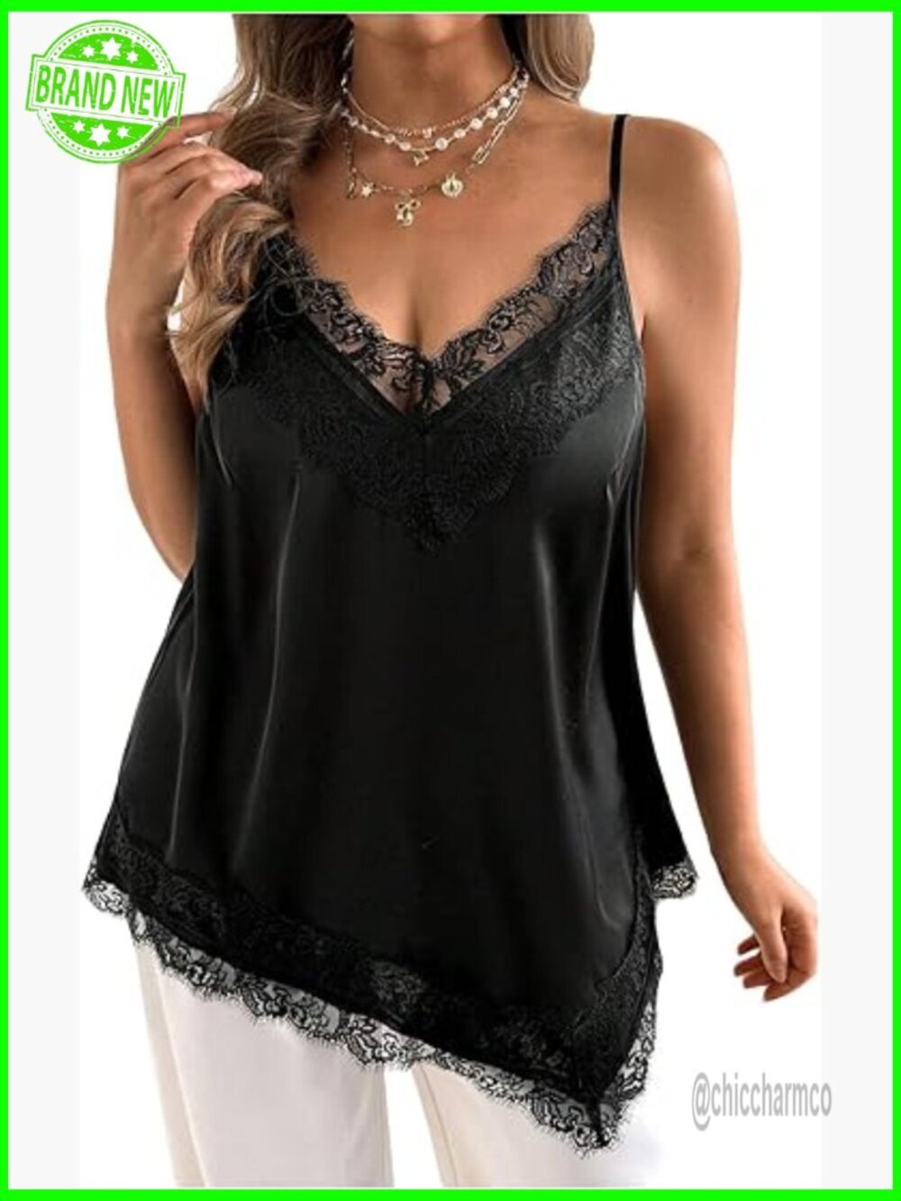 Plus Size Satin Lace Trim Cami Spaghetti Strap V Neck Asymmetrical Camisole Tank